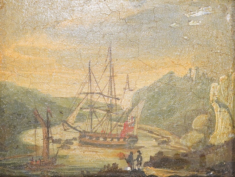 Early 19th century, naive School, oil on board, 'Endeavour at Tahiti, unsigned, 10 x 13cm, gilt framed. Condition - poor to fair, craquelure throughout